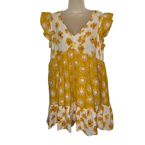 Melloday Floral Yellow & White Tiered Dress Square Neck & Ruffled Boho flowy L - Picture 2 of 13